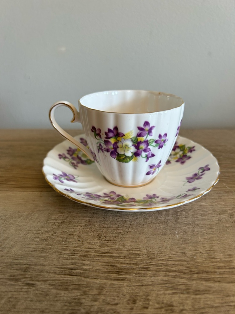 VIntage Teacup & Saucer Tuscan Woodland Violet Floral Bone China England